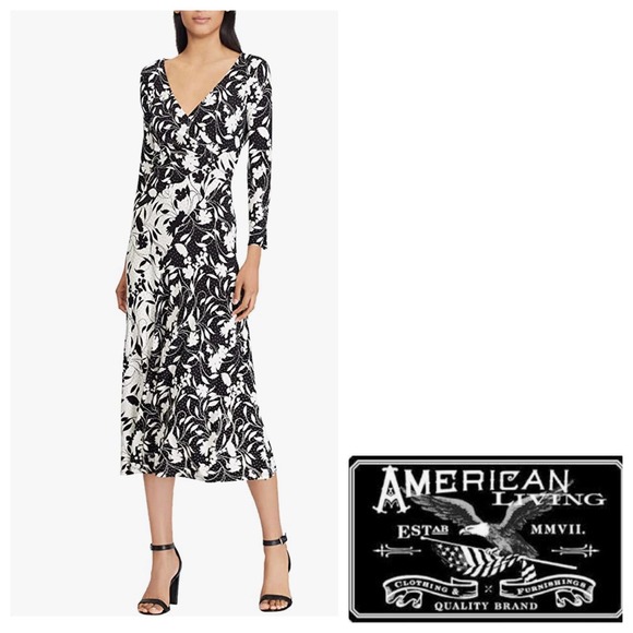 American Living Dresses & Skirts - American Living Black White Floral Knit Midi Dress